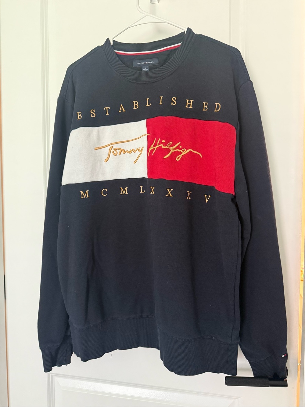 Tommy Hilfiger Navy Crewneck with Red & White Flag Panel and Gold Script